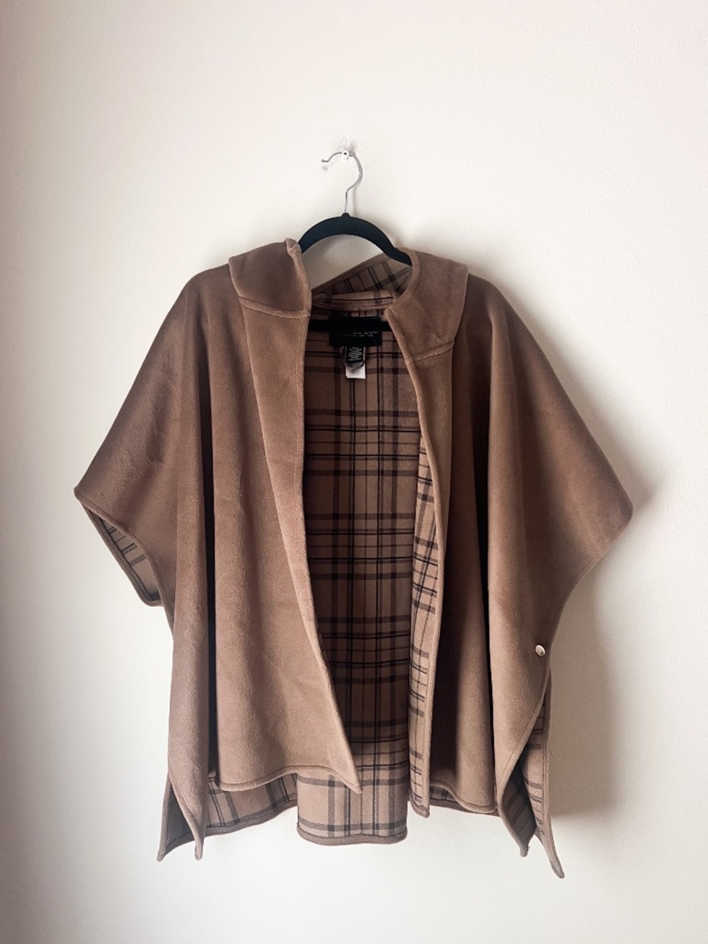 Rachel Zoe Hooded Cape Poncho One Size Taupe Plaid Lined Wrap Quiet Luxury Boho